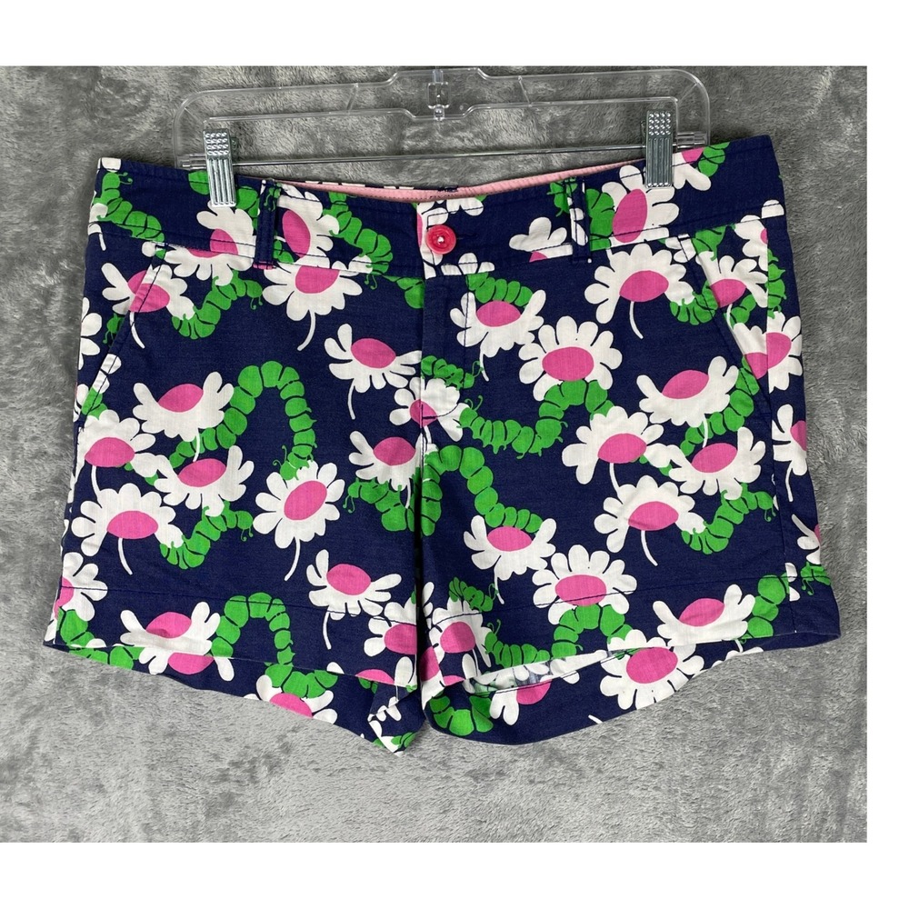 Lilly Pulitzer Shorts Womens 10 Navy Blue‎ Excellent Daisy Caterpillar 26730 Y2K